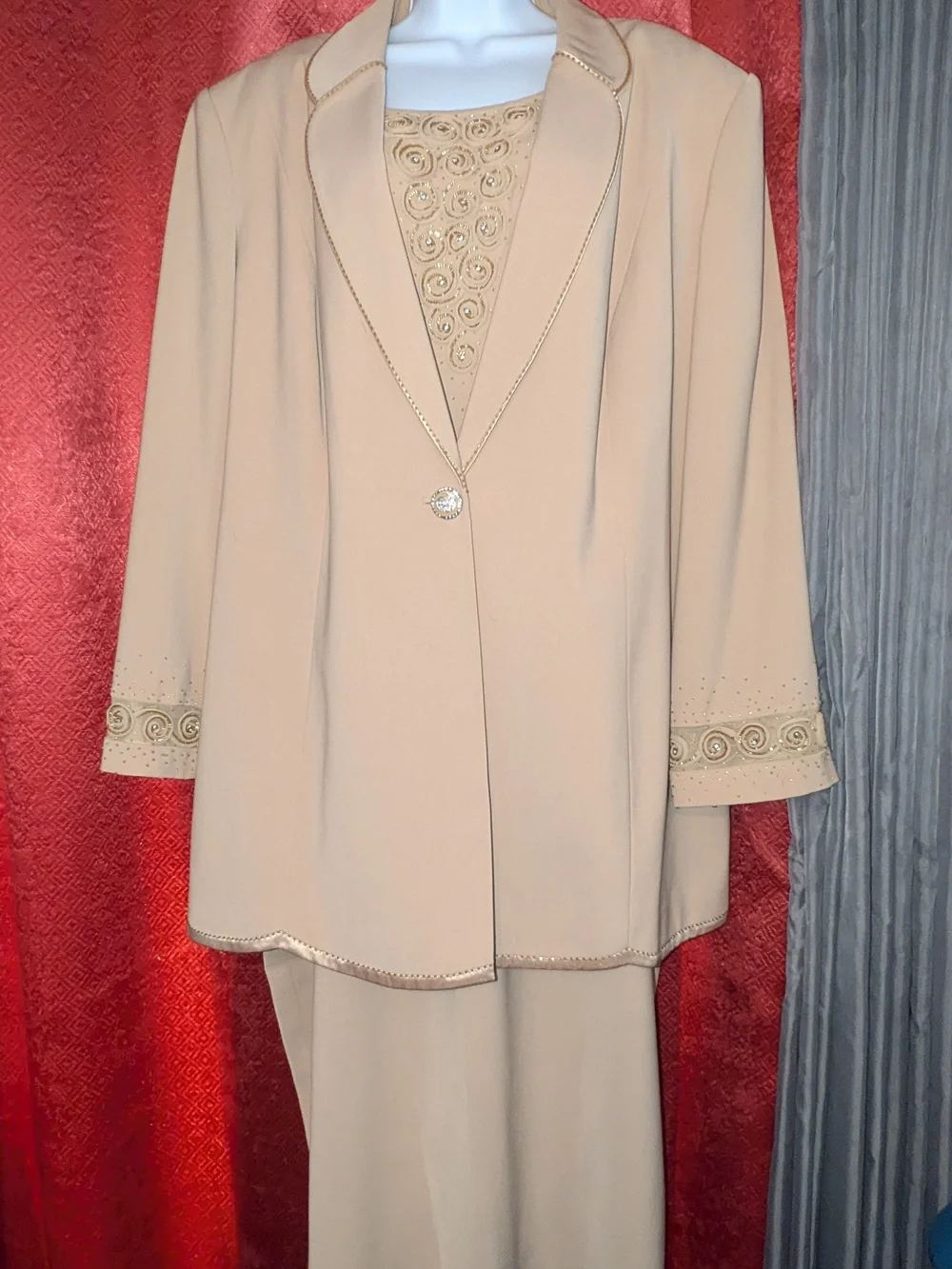 Elegant Beige Women's 3pc Skirt Suit with Embellished Trim